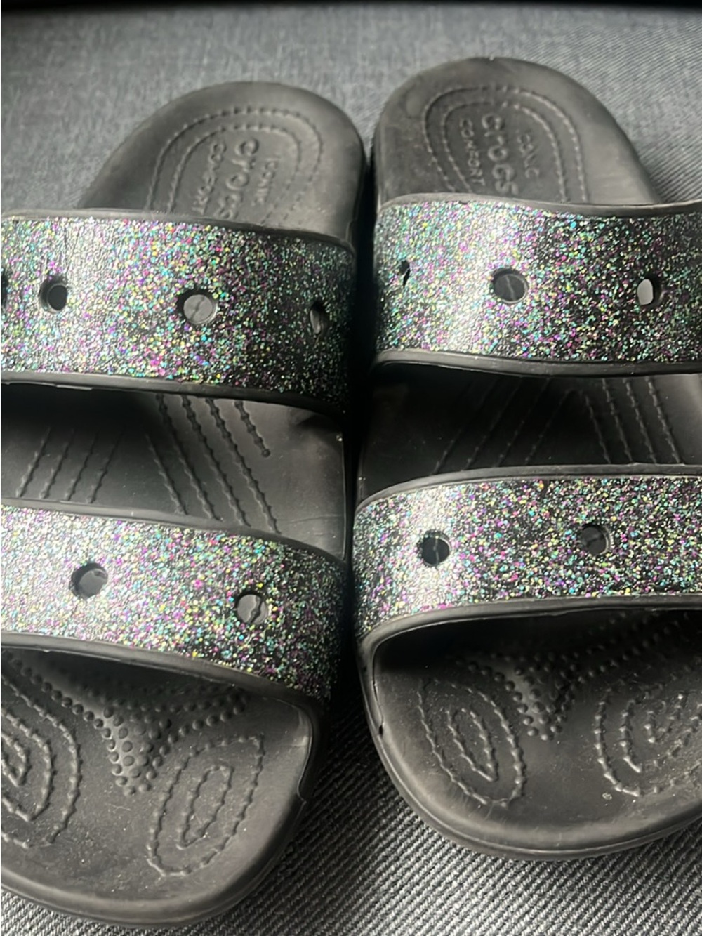 CROCS women Black Slide Sandals with Multicolor Glitter Straps